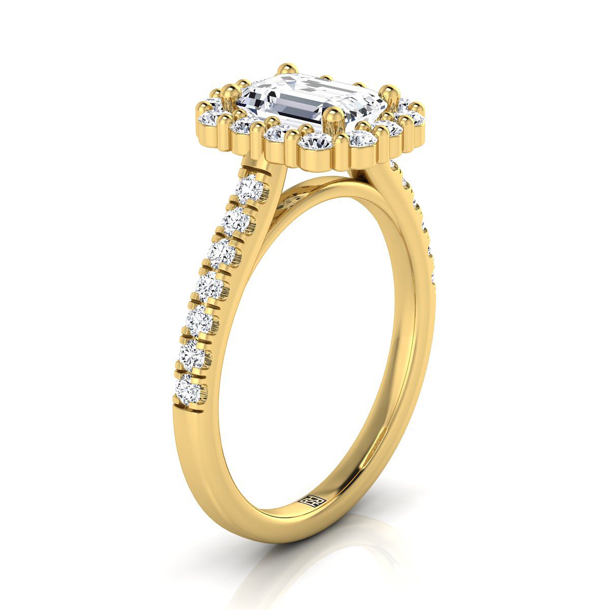 14K Yellow Gold Emerald Cut Diamond Shared Prong Halo Engagement Ring -5/8ctw