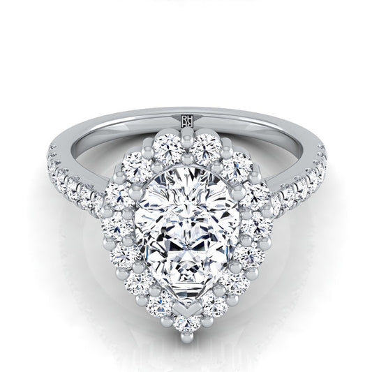 18K White Gold Pear Shape Center Diamond Shared Prong Halo Engagement Ring -5/8ctw