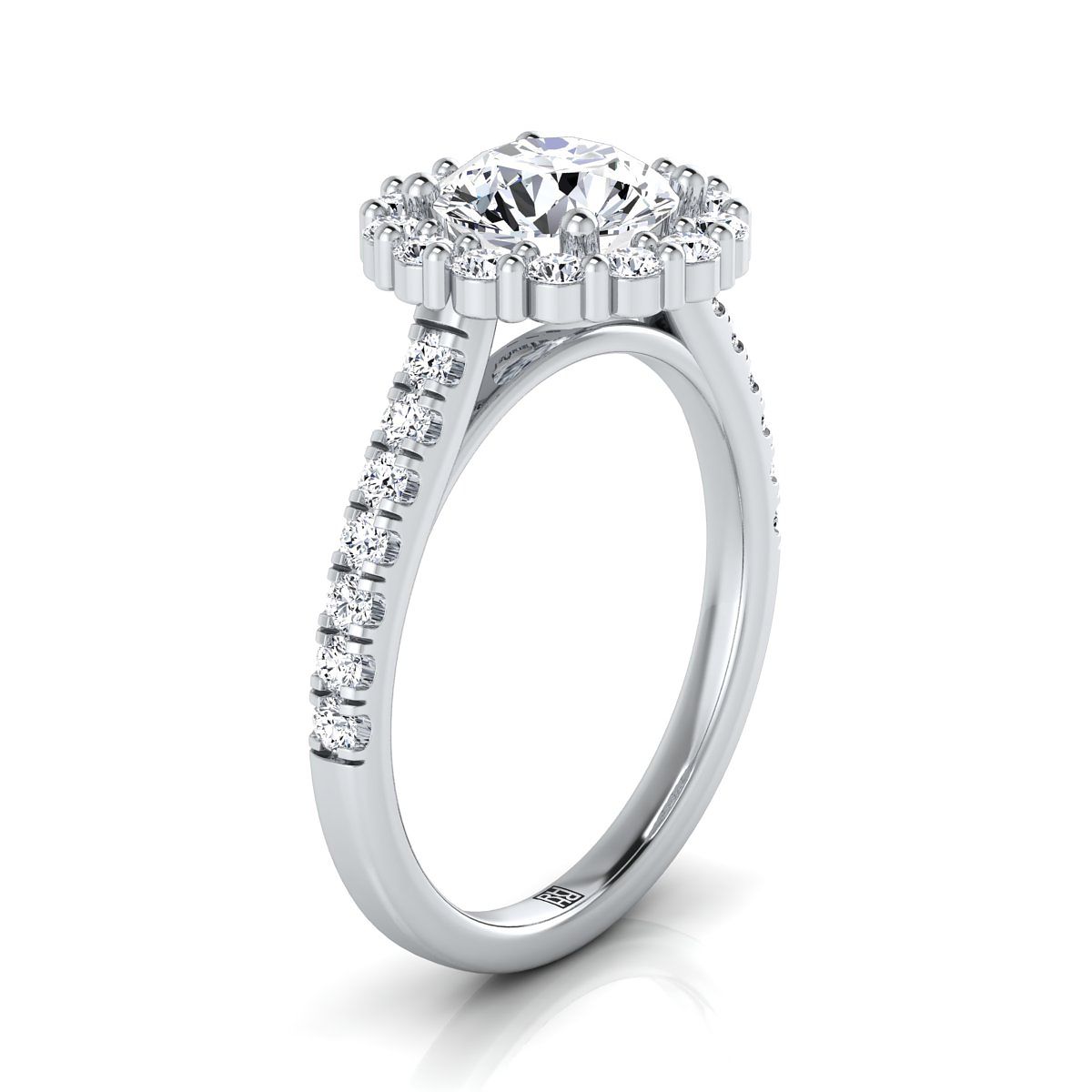 14K White Gold Round Brilliant Diamond Shared Prong Halo Engagement Ring -5/8ctw