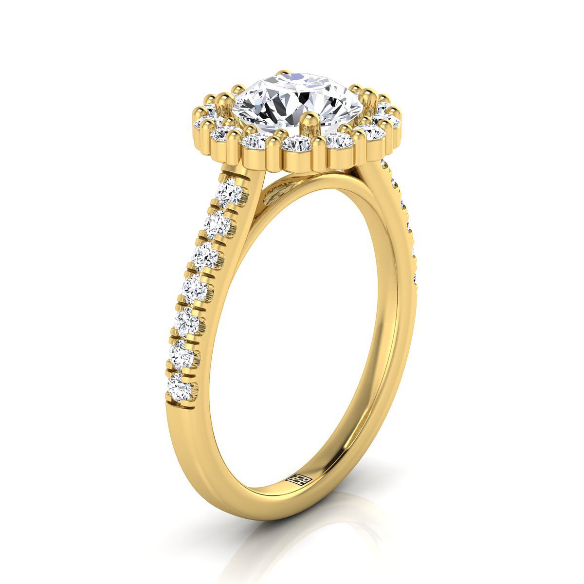 14K Yellow Gold Round Brilliant Diamond Shared Prong Halo Engagement Ring -5/8ctw