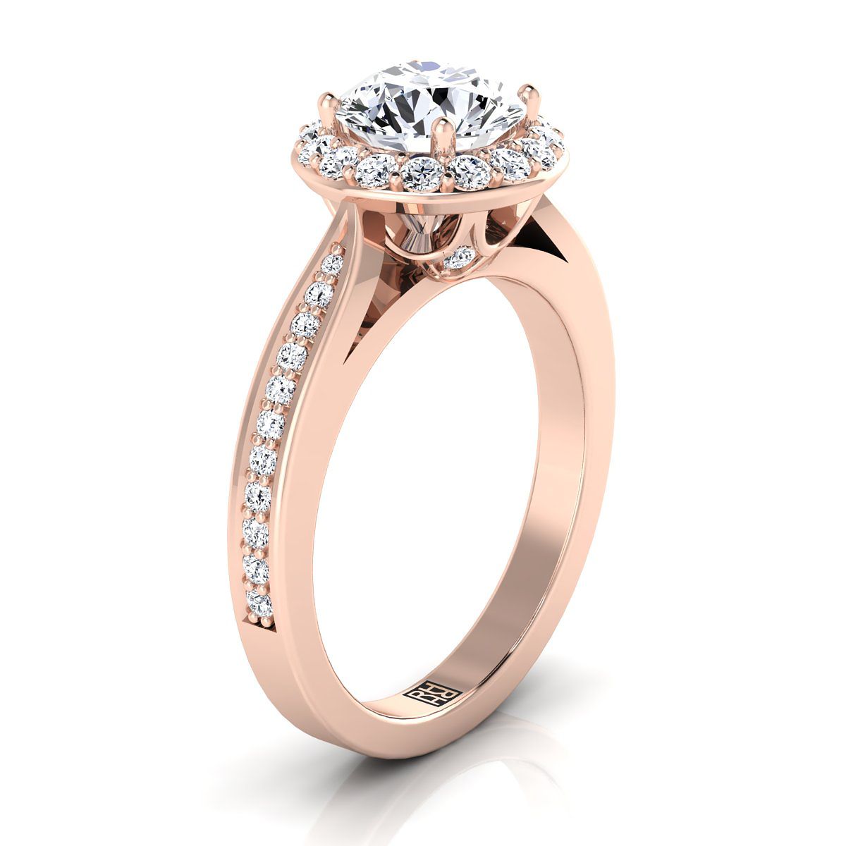 14K Rose Gold Round Brilliant Diamond Straight Channel Row French Pave Halo Engagement Ring -3/8ctw