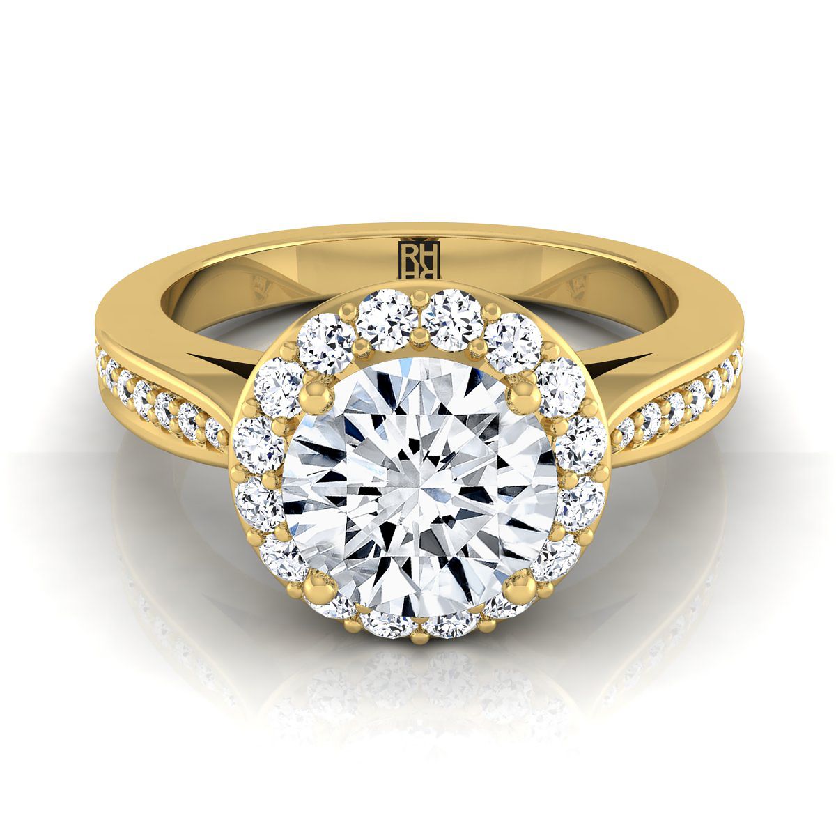 14K Yellow Gold Round Brilliant Diamond Straight Channel Row French Pave Halo Engagement Ring -3/8ctw