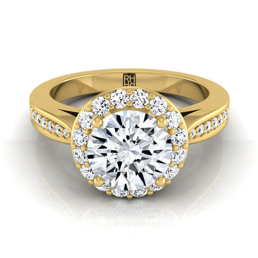 18K สีเหลืองทอง Round Brilliant Diamond แถวช่อง French Pave Halo แหวนหมั้น -3/8ctw