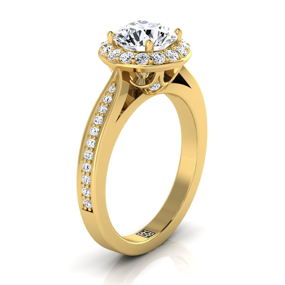 14K Yellow Gold Round Brilliant Diamond Straight Channel Row French Pave Halo Engagement Ring -3/8ctw