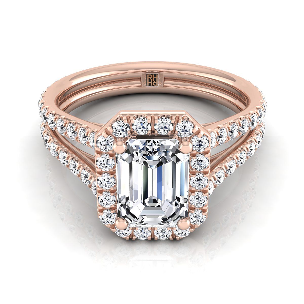 14K Rose Gold Emerald Cut Diamond Halo สองแถวแหวนหมั้นแบบ Pavé Split Shank -7/8ctw