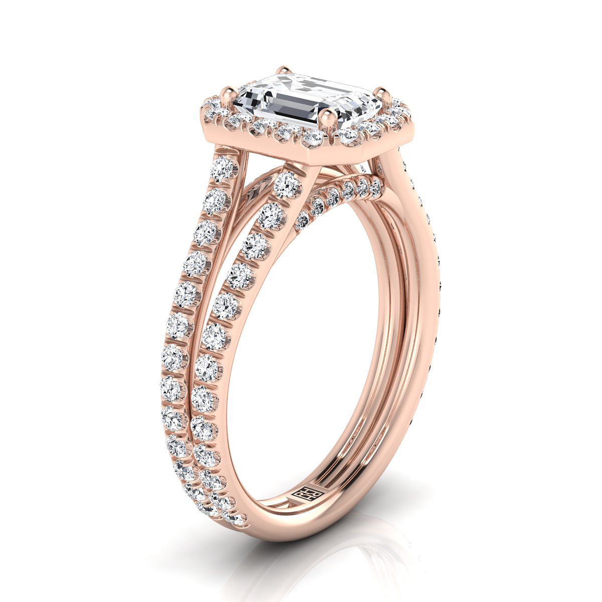 14K Rose Gold Emerald Cut Diamond Halo สองแถวแหวนหมั้นแบบ Pavé Split Shank -7/8ctw