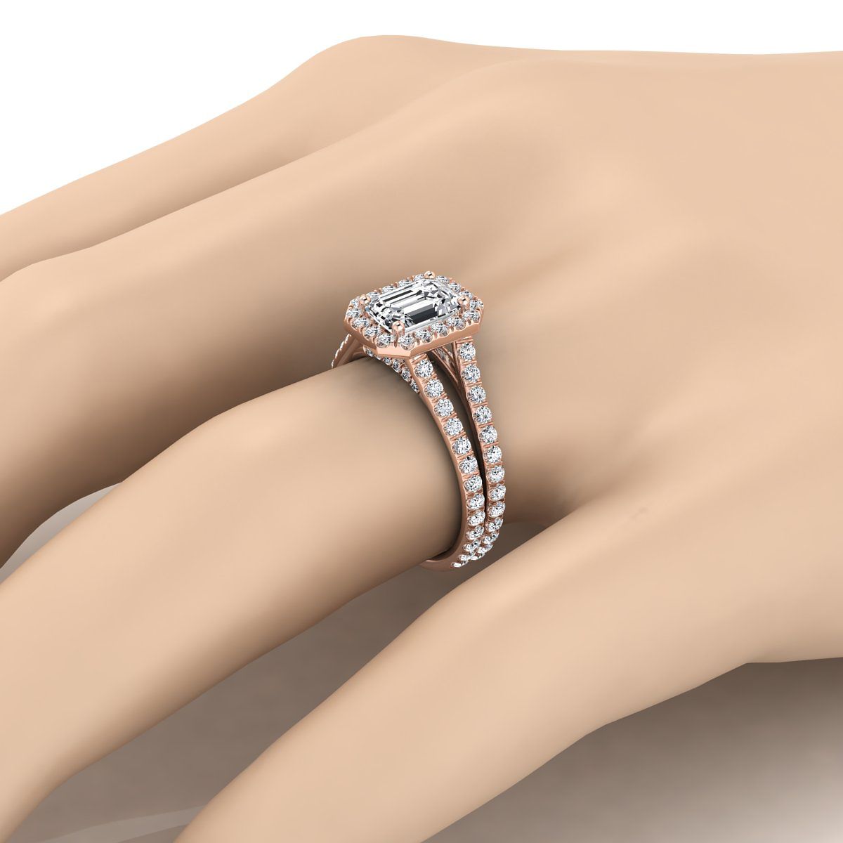 14K Rose Gold Emerald Cut Diamond Halo สองแถวแหวนหมั้นแบบ Pavé Split Shank -7/8ctw