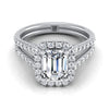 18K White Gold Emerald Cut Diamond Halo Two Row Pavé Split Shank Engagement Ring -7/8ctw