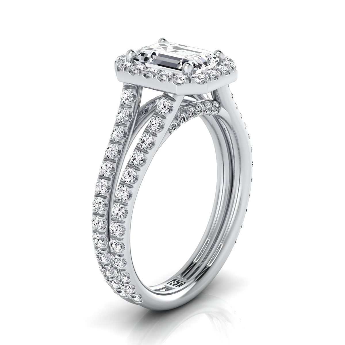 18K White Gold Emerald Cut Diamond Halo Two Row Pave Split Shank Engagement Ring 7 8ctw