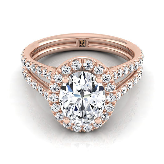 14K Rose Gold Oval Diamond Halo Two Row Pavé Split Shank Engagement Ring -7/8ctw