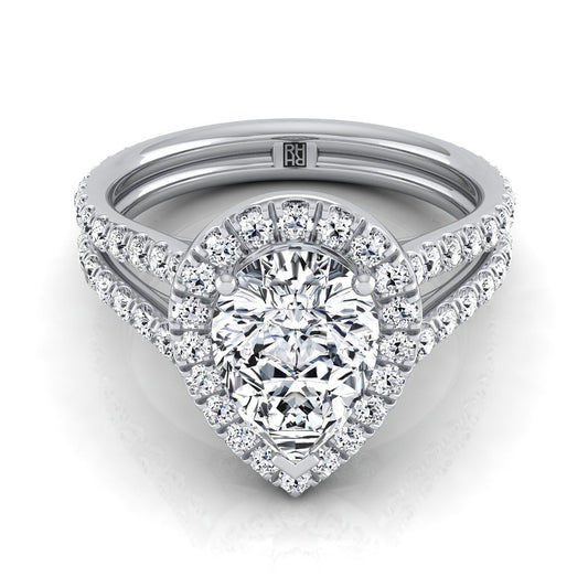 18K White Gold Pear Shape Center Diamond Halo Two Row Pavé Split Shank Engagement Ring -7/8ctw