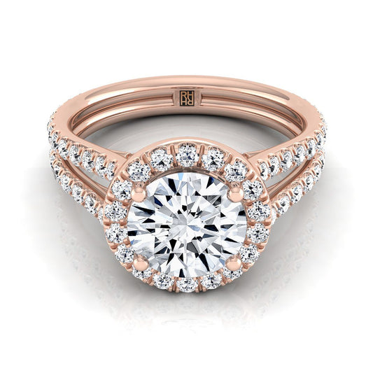 14K Rose Gold Round Brilliant Diamond Halo Two Row Pavé Split Shank Engagement Ring -7/8ctw