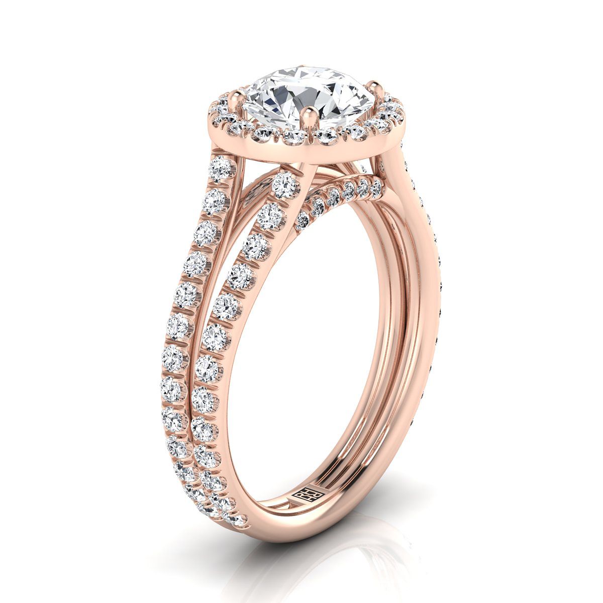 14K Rose Gold Round Brilliant Diamond Halo สองแถวแหวนหมั้นแบบ Pavé Split Shank -7/8ctw