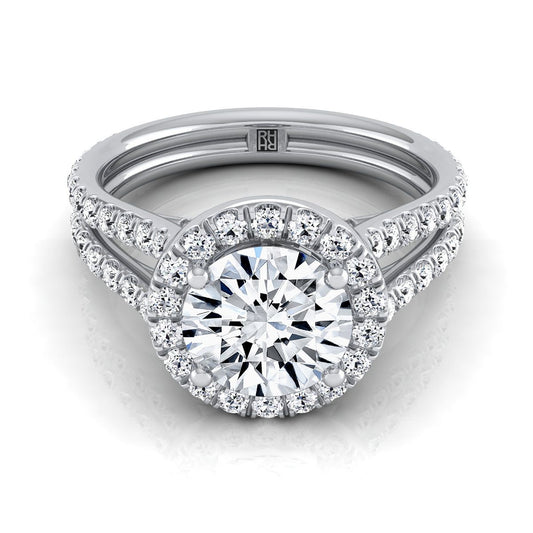 18K White Gold Round Brilliant Diamond Halo Two Row แหวนหมั้นแบบก้านแยกแบบ Pavé -7/8ctw