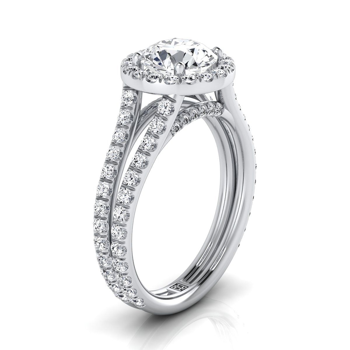 18K White Gold Round Brilliant Diamond Halo Two Row แหวนหมั้นแบบก้านแยกแบบ Pavé -7/8ctw