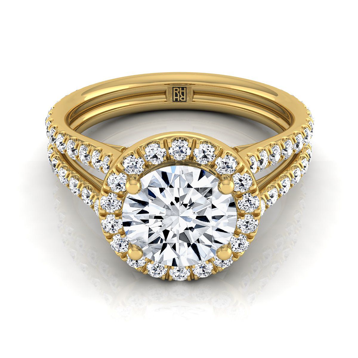 14K สีเหลืองทอง Round Brilliant Diamond Halo สองแถว Pavé Split Shank แหวนหมั้น -7/8ctw