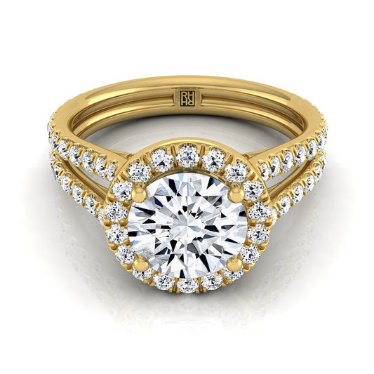 14K Yellow Gold Round Brilliant Diamond Halo Two Row Pavé Split Shank Engagement Ring -7/8ctw