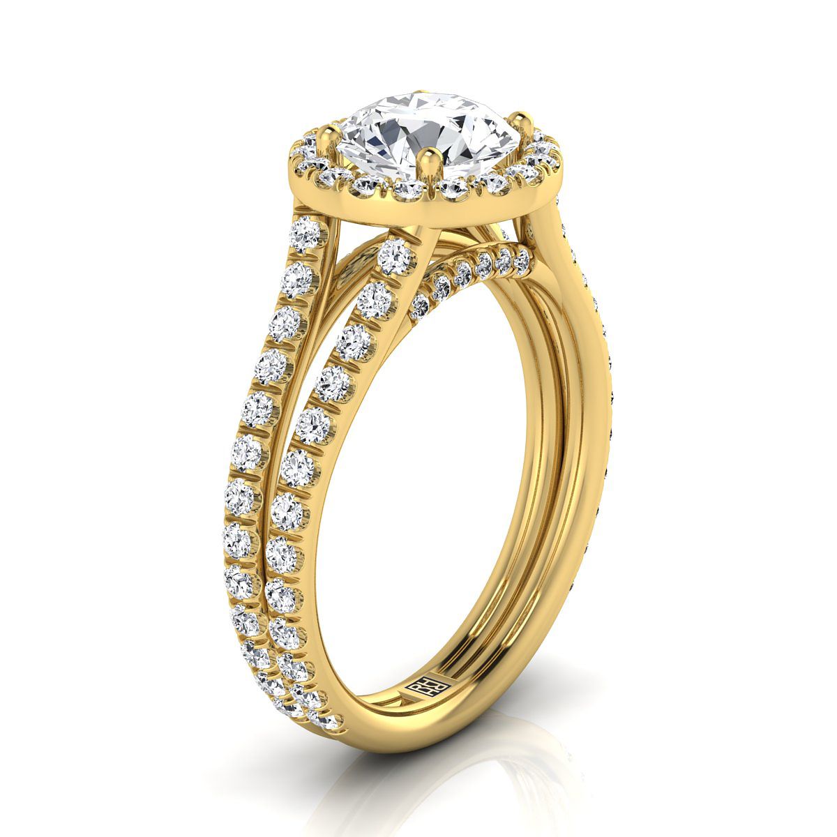 14K Yellow Gold Round Brilliant Diamond Halo Two Row Pavé Split Shank Engagement Ring -7/8ctw