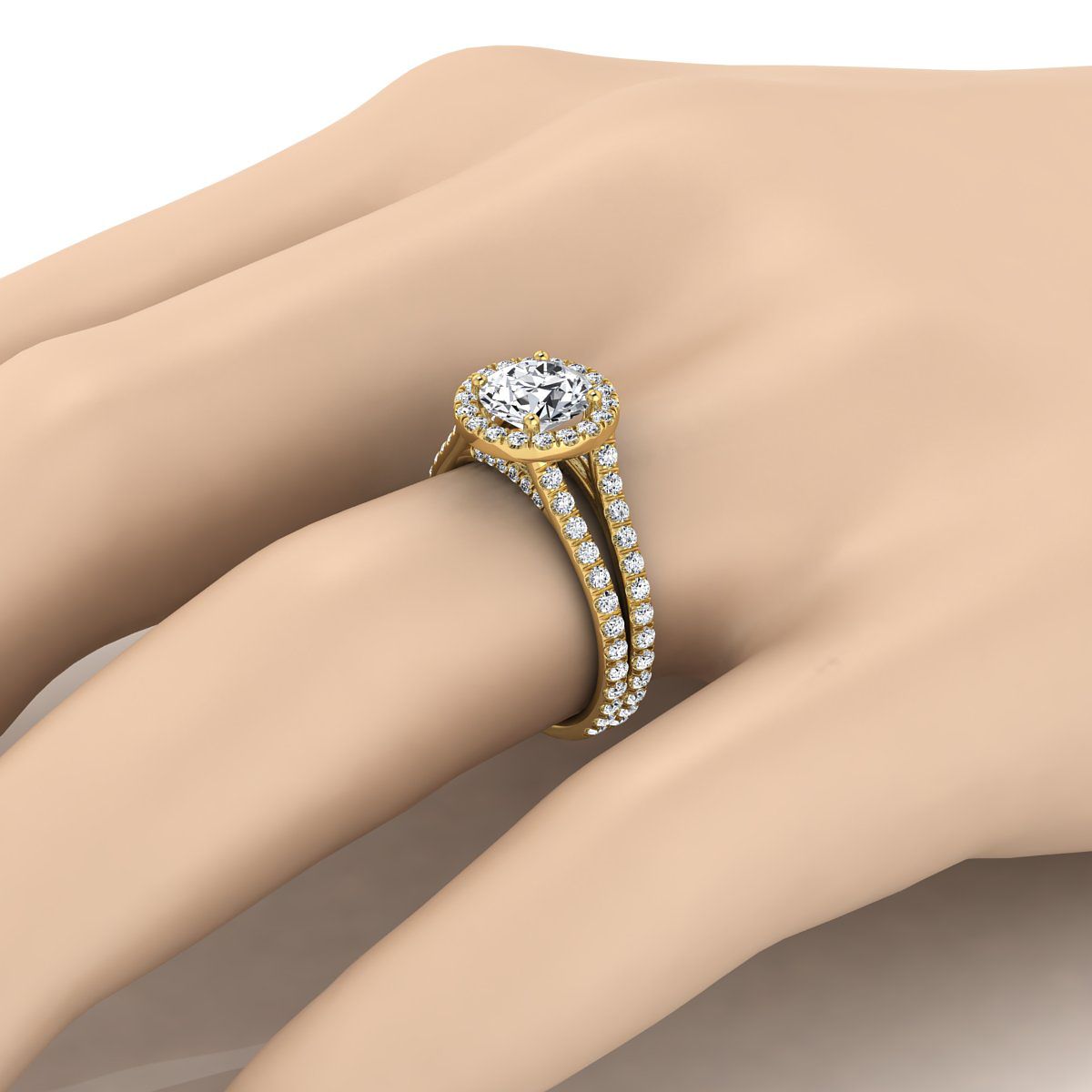 14K Yellow Gold Round Brilliant Diamond Halo Two Row Pavé Split Shank Engagement Ring -7/8ctw