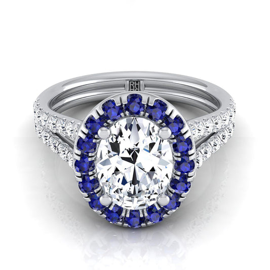 แหวนแพลตตินัมวงรี French Pave Split Shank Diamond Halo Engagement Ring -3/8ctw