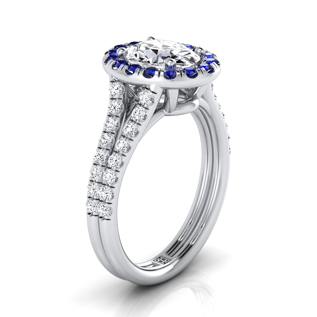 แหวนแพลตตินัมวงรี French Pave Split Shank Diamond Halo Engagement Ring -3/8ctw