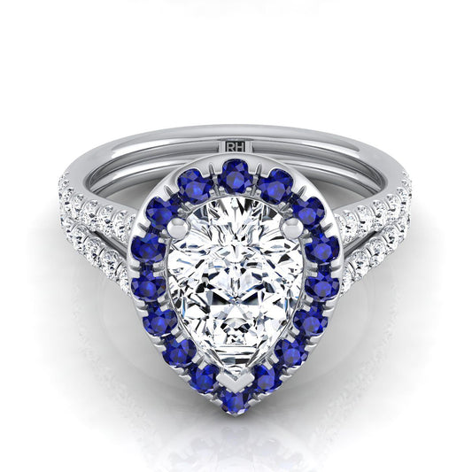 แหวนหมั้นเพชร 18K White Gold Pear Shape Center French Pave Split Shank Diamond Halo Engagement Ring -3/8ctw