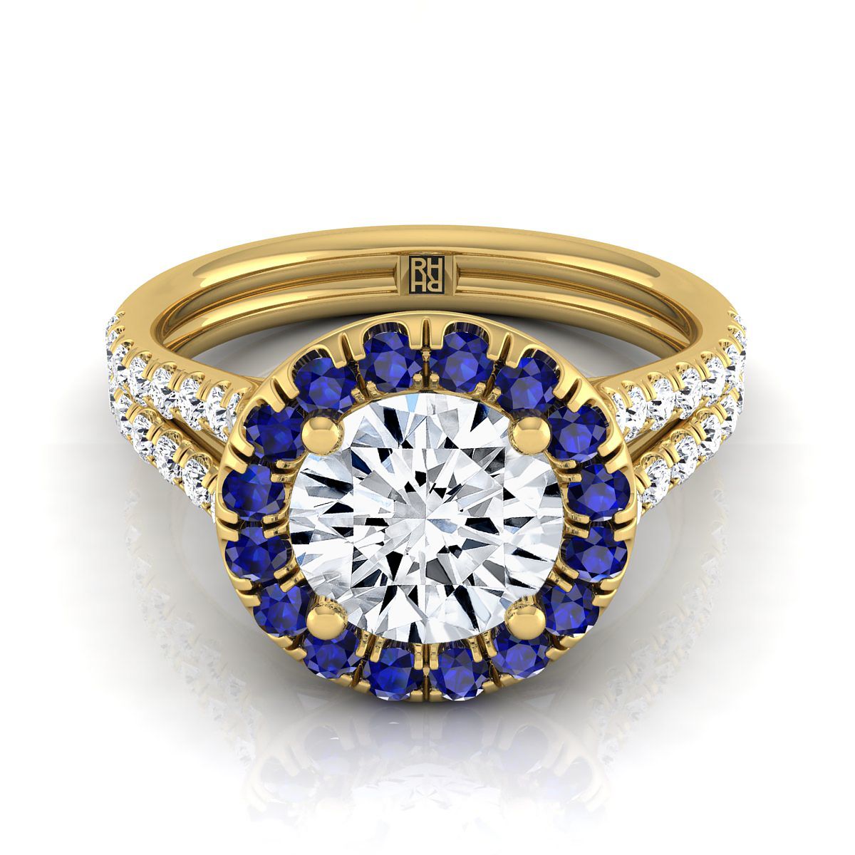 14K Yellow Gold Round Brilliant  French Pave Split Shank Diamond Halo Engagement Ring -3/8ctw
