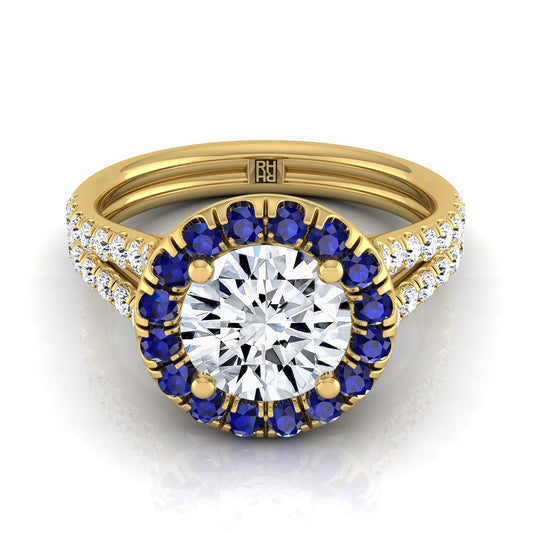 18K Yellow Gold Round Brilliant  French Pave Split Shank Diamond Halo Engagement Ring -3/8ctw