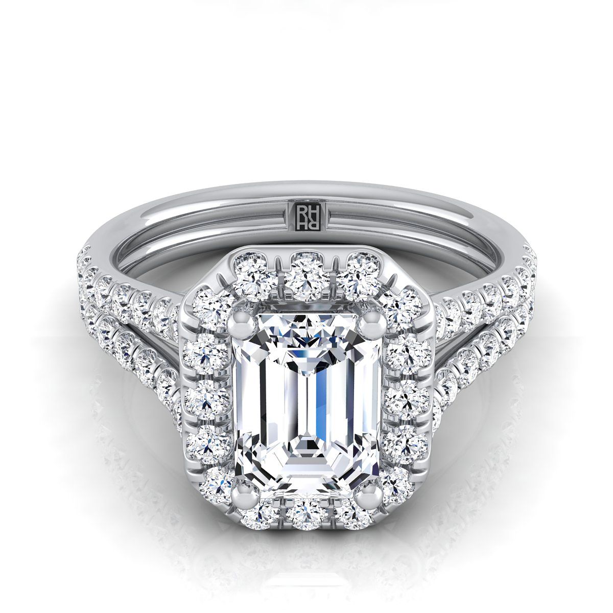 14K White Gold Emerald Cut Diamond French Pave Split Shank Halo Engagement Ring -5/8ctw