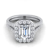 Platinum Emerald Cut Diamond French Pave Split Shank Halo Engagement Ring -5/8ctw