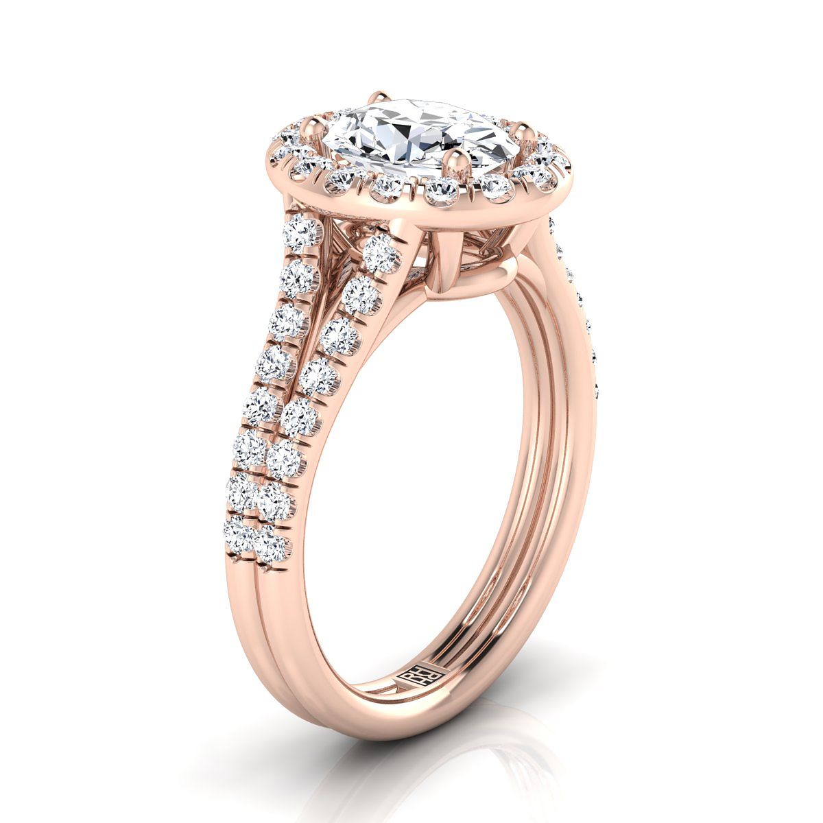 แหวนหมั้น Halo 14K Rose Gold เพชร French Pave Split Shank Halo -5/8ctw