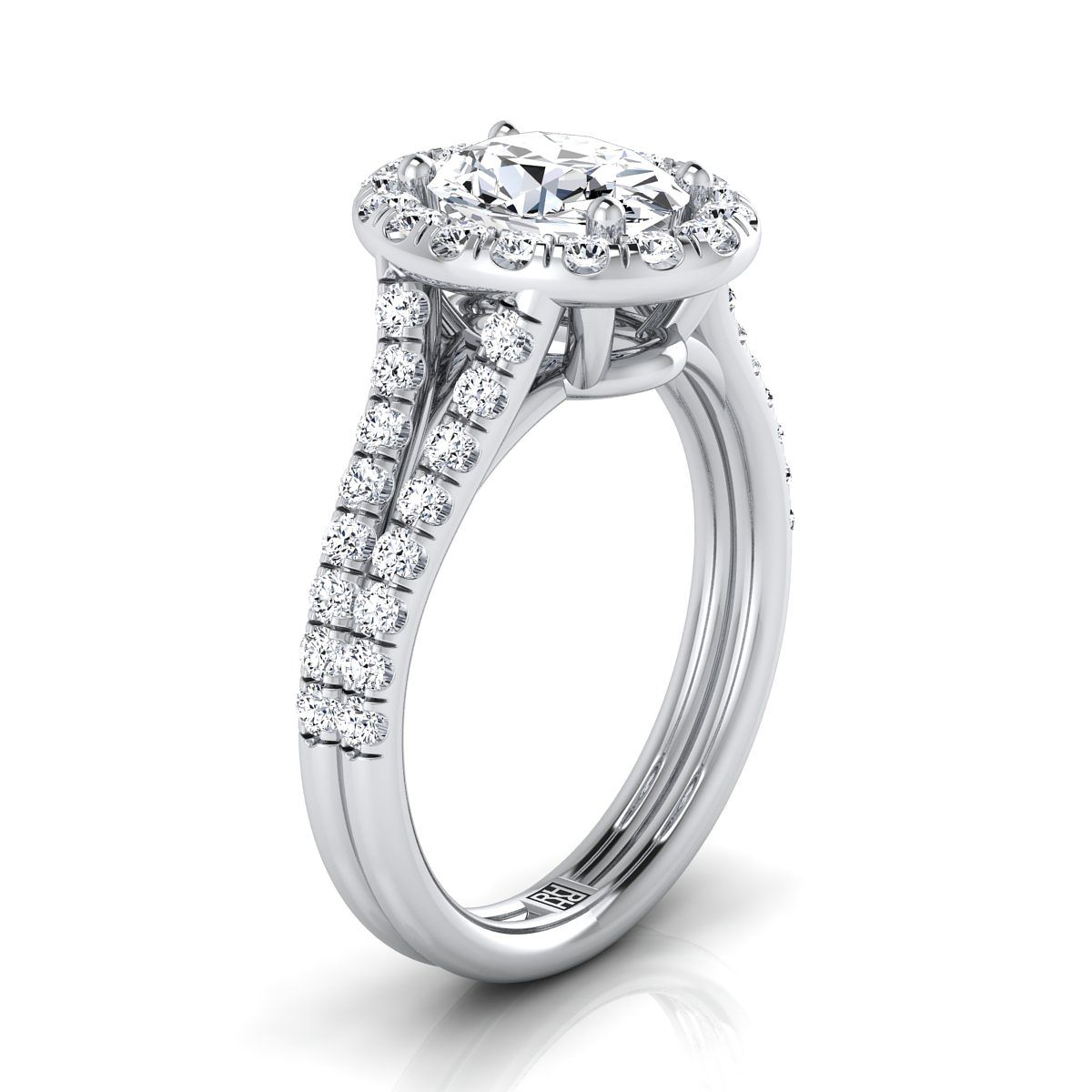 Platinum Oval Diamond French Pave Split Shank Halo Engagement Ring -5/8ctw