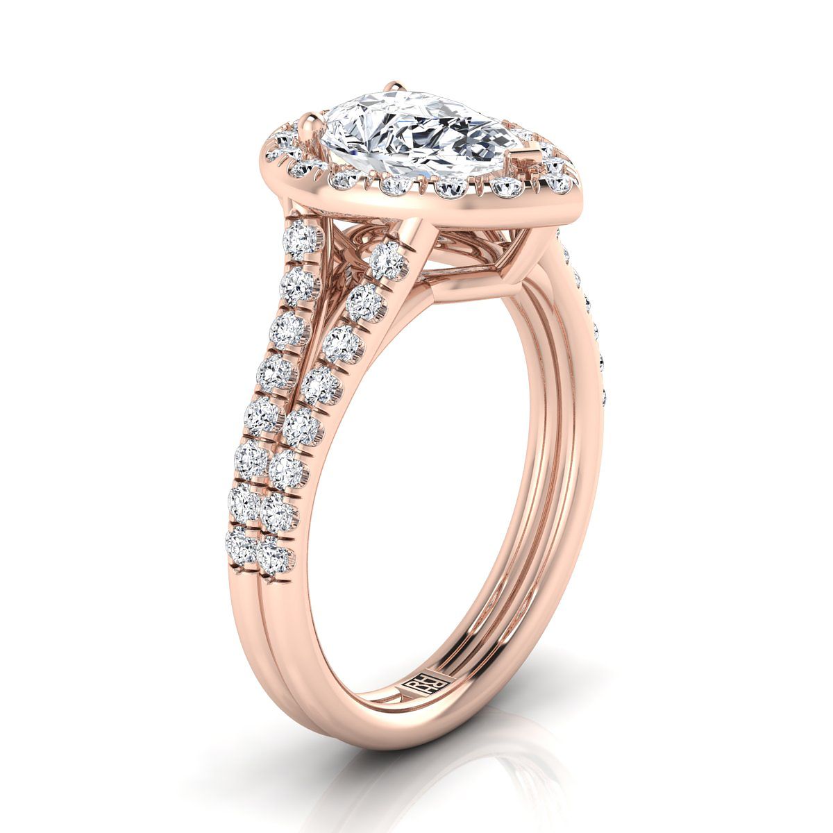 14K Rose Gold Pear Shape Center Diamond French Pave Split Shank Halo Engagement Ring -5/8ctw