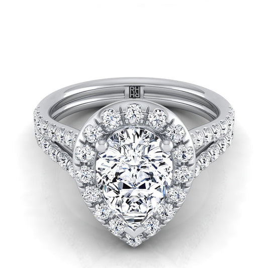 แหวนหมั้นทองคำขาว 18K รูปลูกแพร์เพชร French Pave Split Shank Halo Engagement Ring -5/8ctw