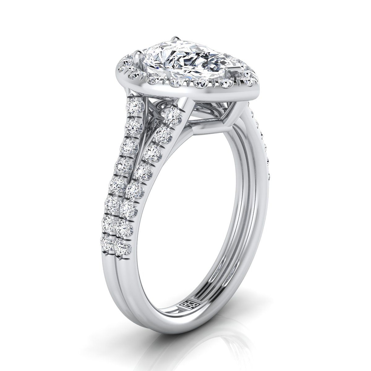 แหวนหมั้นทองคำขาว 14K รูปลูกแพร์เพชร French Pave Split Shank Halo Engagement Ring -5/8ctw