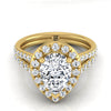 14K Yellow Gold Pear Shape Center Diamond French Pave Split Shank Halo Engagement Ring -5/8ctw