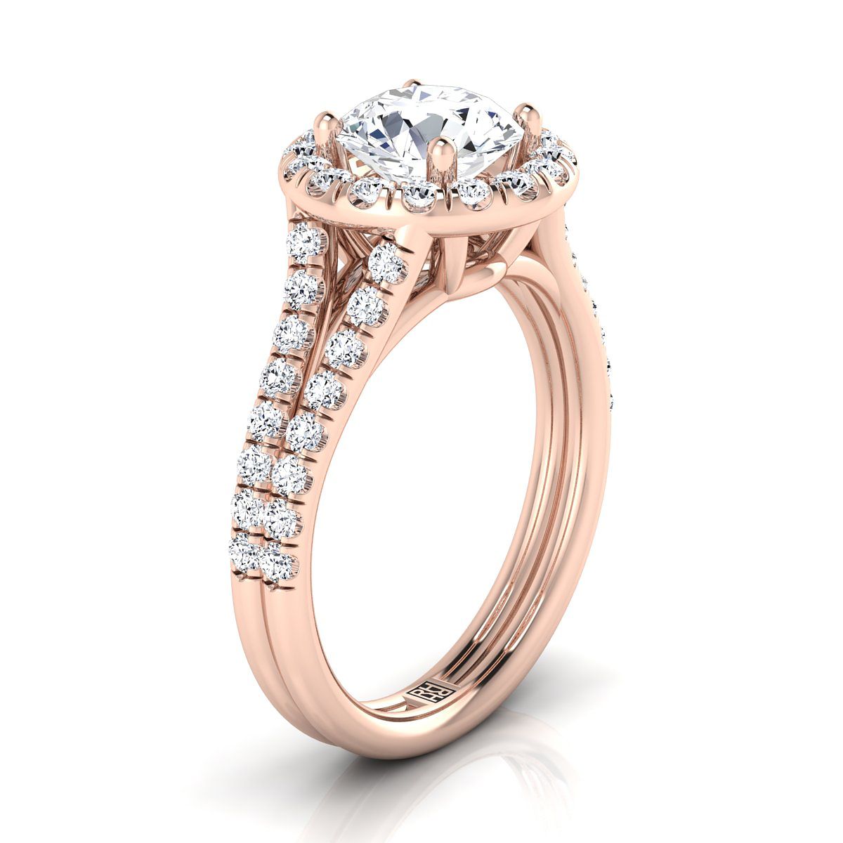 14K Rose Gold Round Brilliant Diamond French Pave Split Shank Halo Engagement Ring -5/8ctw