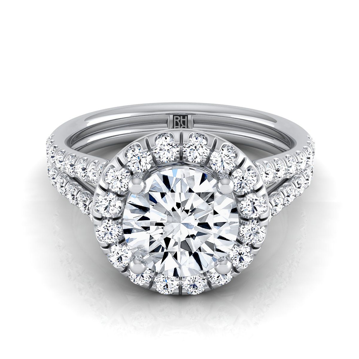 แหวนแพลตตินัมกลมบริลเลียนท์เพชร French Pave Split Shank Halo Engagement Ring -5/8ctw