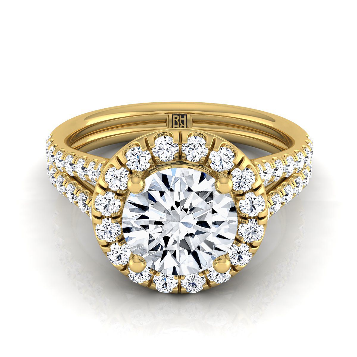 14K Yellow Gold Round Brilliant Diamond French Pave Split Shank Halo Engagement Ring -5/8ctw