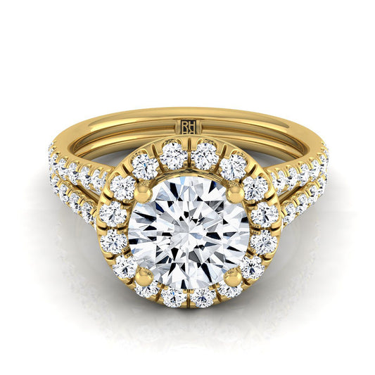 18K Yellow Gold Round Brilliant Diamond French Pave Split Shank Halo Engagement Ring -5/8ctw. (เพชรแท้)