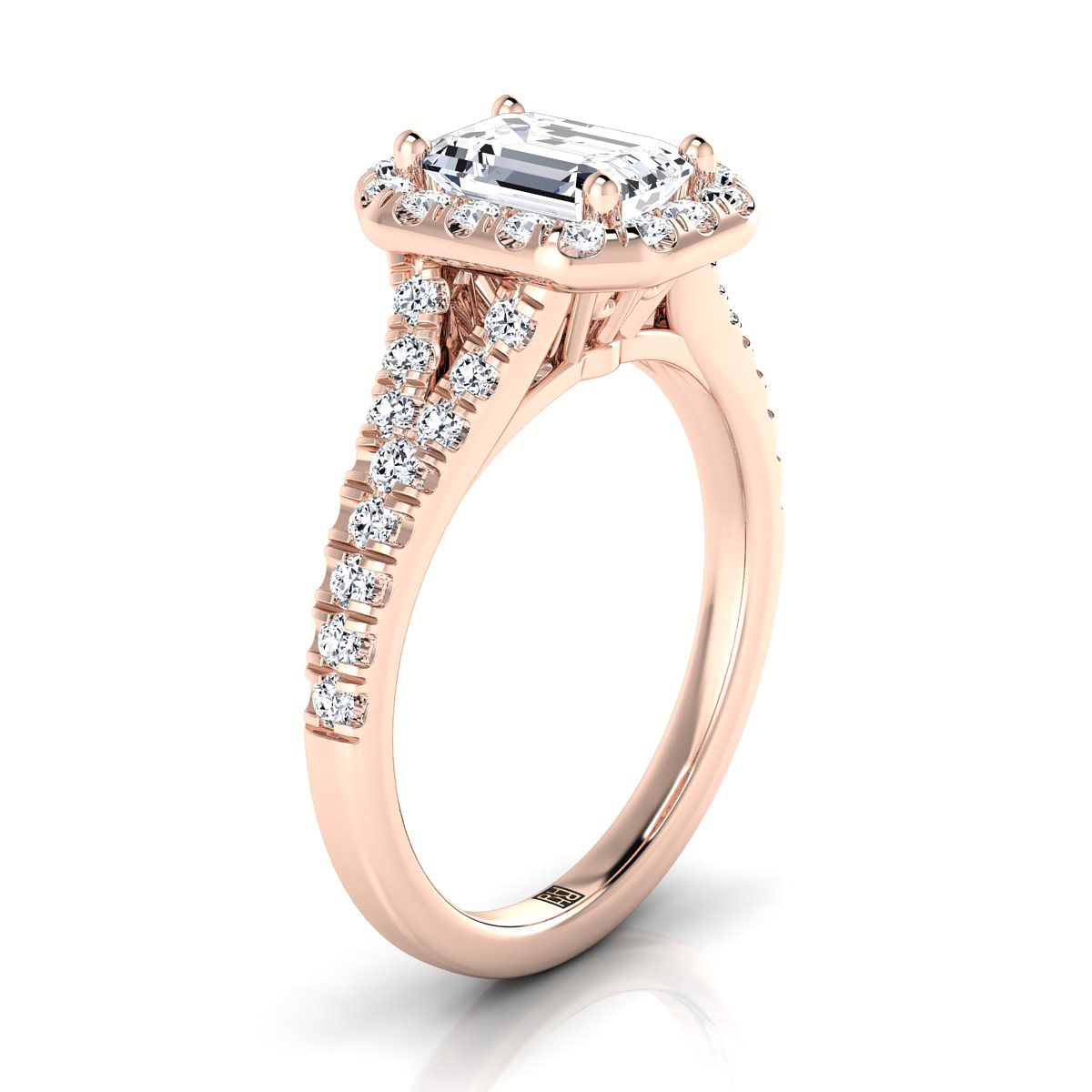 14K Rose Gold มรกตตัดเพชร Simple Prong Halo พร้อมแหวนหมั้น Petite Split Shank Pave -1/2ctw