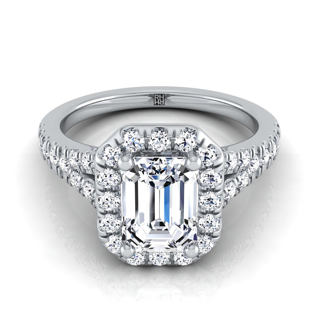 14K White Gold Emerald Cut Diamond Simple Prong Halo with Petite Split Shank Pave Engagement Ring -1/2ctw