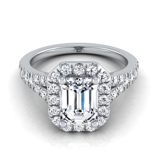 14K White Gold Emerald Cut Diamond Simple Prong Halo with Petite Split Shank Pave Engagement Ring -1/2ctw