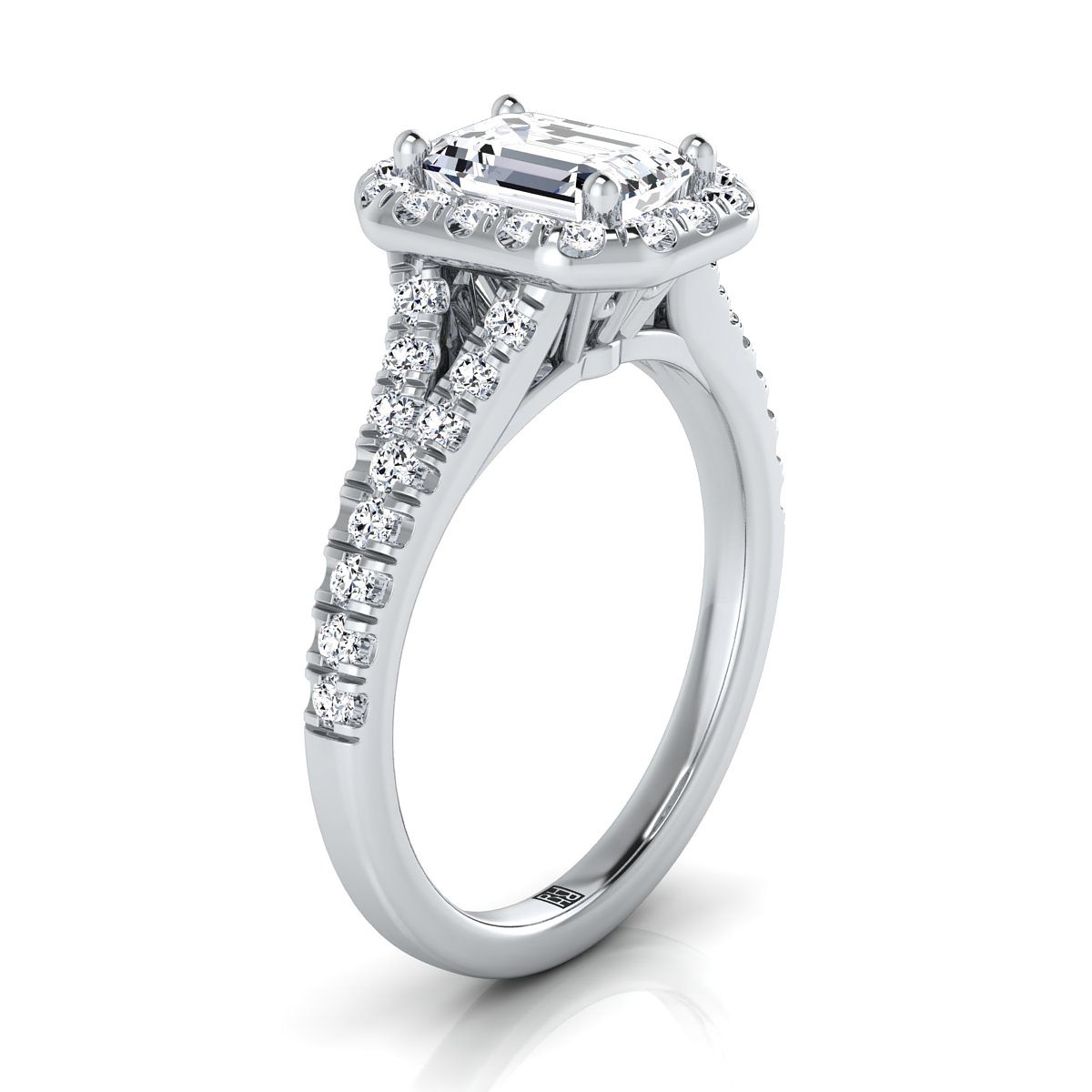 14K White Gold Emerald Cut Diamond Simple Prong Halo with Petite Split Shank Pave Engagement Ring -1/2ctw