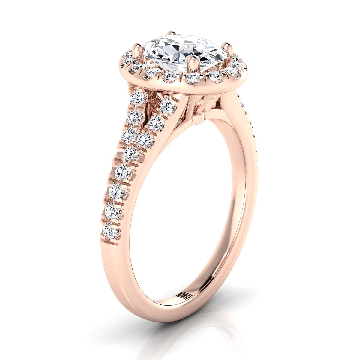 14K Rose Gold รูปไข่เพชร Simple Prong Halo พร้อม Petite Split Shank Pave แหวนหมั้น -1/2ctw