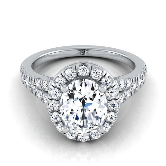 18K White Gold Oval Diamond Simple Prong Halo with Petite Split Shank Pave Engagement Ring -1/2ctw