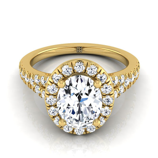 14K Yellow Gold Oval Diamond Simple Prong Halo with Petite Split Shank Pave Engagement Ring -1/2ctw