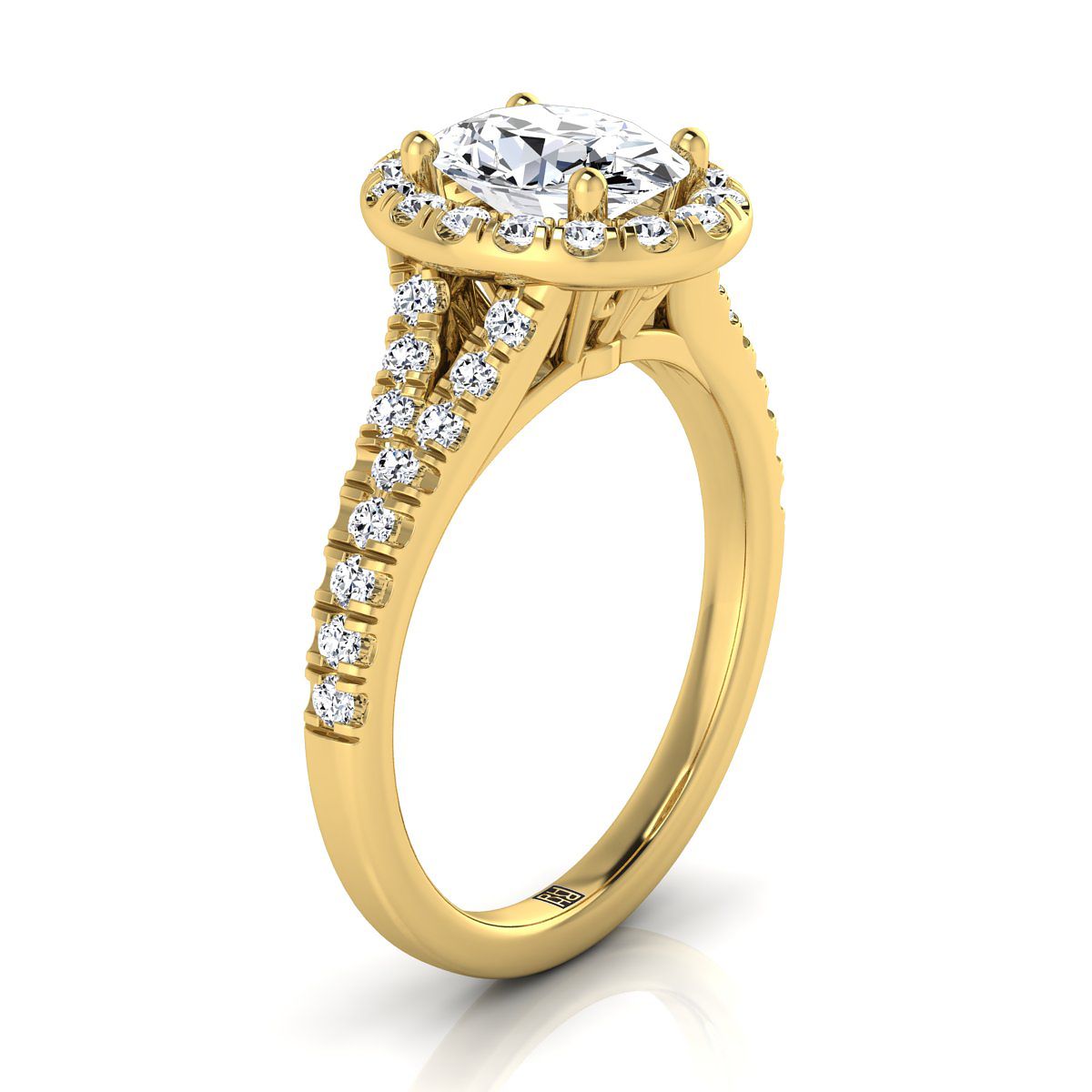 14K Yellow Gold Oval Diamond Simple Prong Halo with Petite Split Shank Pave Engagement Ring -1/2ctw