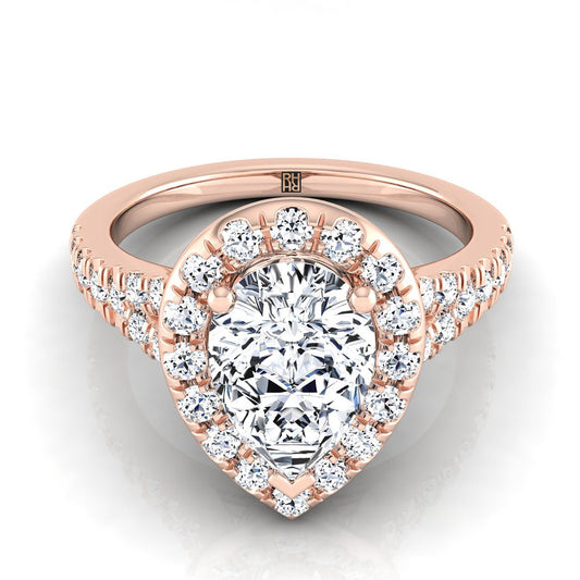 14K Rose Gold Pear Shape Center Diamond Simple Prong Halo with Petite Split Shank Pave Engagement Ring -1/2ctw