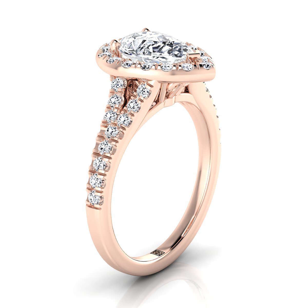 14K Rose Gold Pear Shape Center เพชร Simple Prong Halo พร้อม Petite Split Shank Pave แหวนหมั้น -1/2ctw